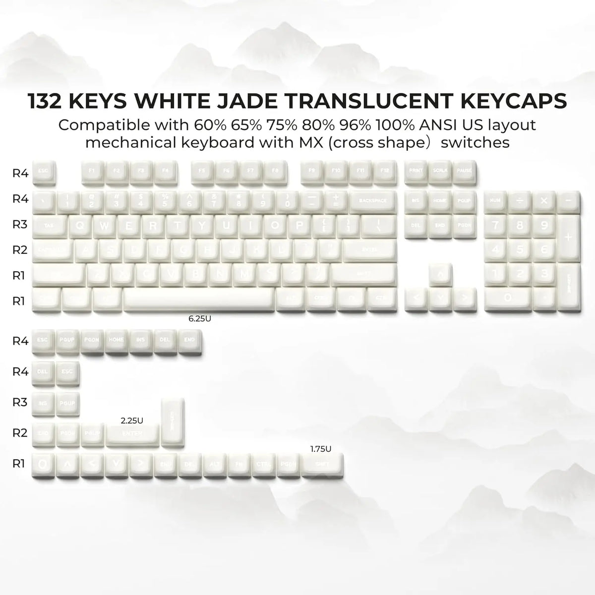 XVX White Jade Double Shot PBT Keycap Set - 132 MDA Profile Compatible with 60%/65%/75%/TKL/96% Layout Cherry MX Switch Mechanical Keyboards