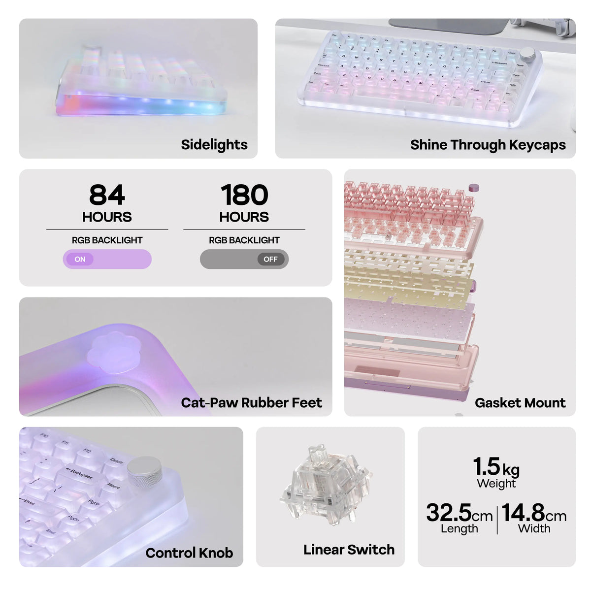 Kiiboom Phantom81 V4 Acrylic Semi-Translucent Mechanical Keyboard - 75% 3-Way Wireless Gaming Keyboard with Creamy Gasket, 8000Mah Battery, RGB Backlit Keys, Luminous Shine-Through, Hot Swap, NKRO, Stainless Steel, 2.4G, 1.5Kg, Pc/Win/Mac Support
