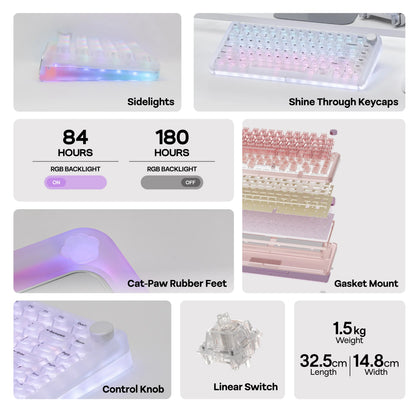 Kiiboom Phantom81 V4 Acrylic Semi-Translucent Mechanical Keyboard - 75% 3-Way Wireless Gaming Keyboard with Creamy Gasket, 8000Mah Battery, RGB Backlit Keys, Luminous Shine-Through, Hot Swap, NKRO, Stainless Steel, 2.4G, 1.5Kg, Pc/Win/Mac Support