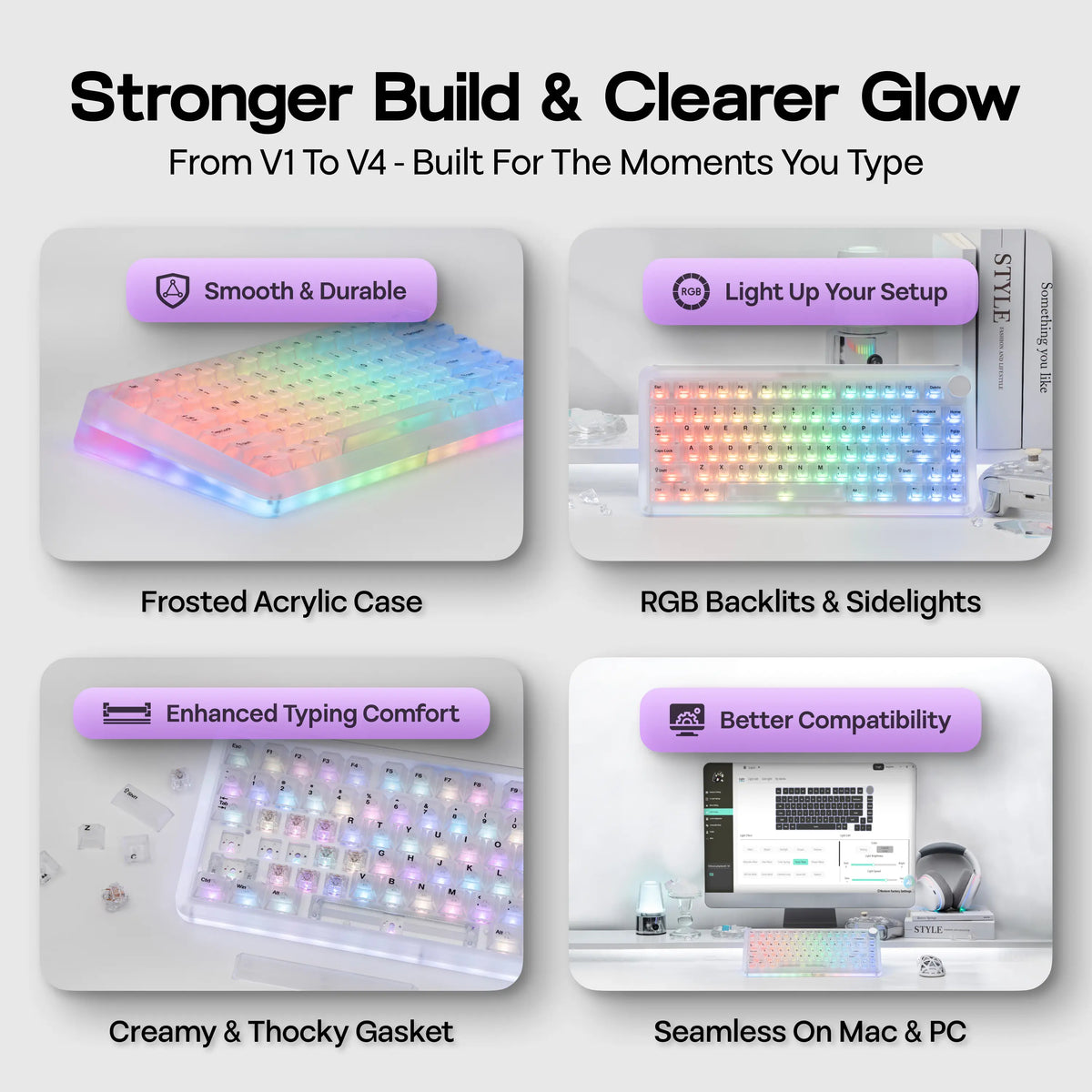 Kiiboom Phantom81 V4 Acrylic Semi-Translucent Mechanical Keyboard - 75% 3-Way Wireless Gaming Keyboard with Creamy Gasket, 8000Mah Battery, RGB Backlit Keys, Luminous Shine-Through, Hot Swap, NKRO, Stainless Steel, 2.4G, 1.5Kg, Pc/Win/Mac Support