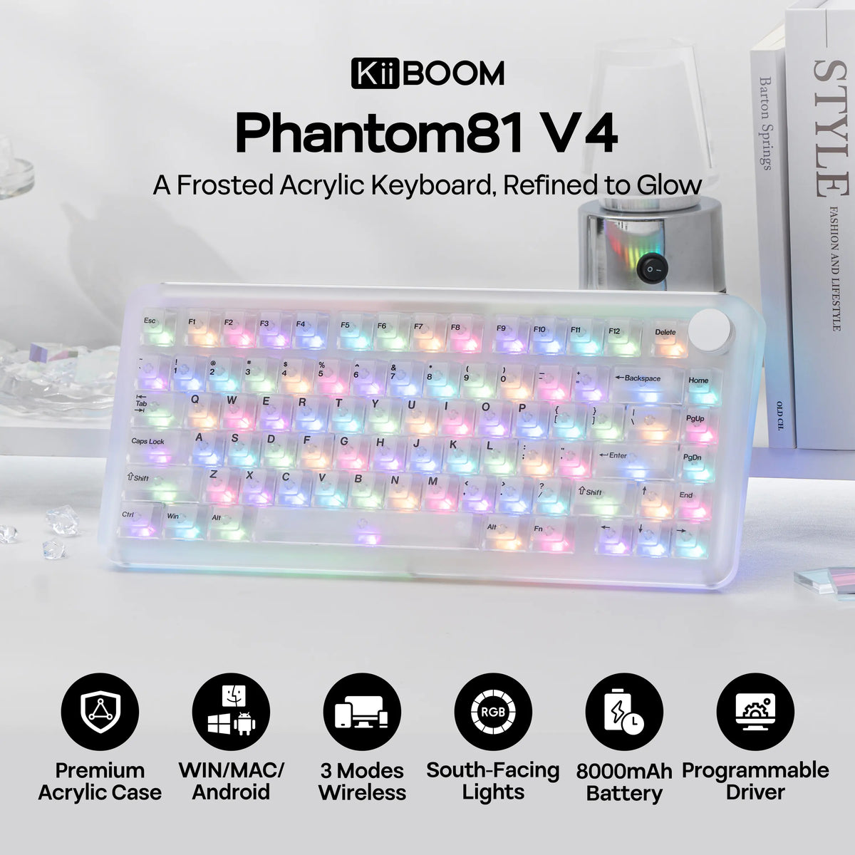 Kiiboom Phantom81 V4 Acrylic Semi-Translucent Mechanical Keyboard - 75% 3-Way Wireless Gaming Keyboard with Creamy Gasket, 8000Mah Battery, RGB Backlit Keys, Luminous Shine-Through, Hot Swap, NKRO, Stainless Steel, 2.4G, 1.5Kg, Pc/Win/Mac Support