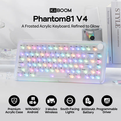 Kiiboom Phantom81 V4 Acrylic Semi-Translucent Mechanical Keyboard - 75% 3-Way Wireless Gaming Keyboard with Creamy Gasket, 8000Mah Battery, RGB Backlit Keys, Luminous Shine-Through, Hot Swap, NKRO, Stainless Steel, 2.4G, 1.5Kg, Pc/Win/Mac Support